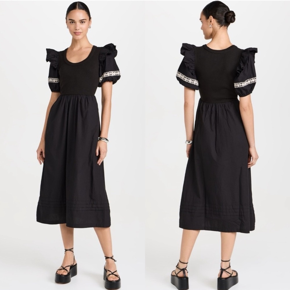 Cleobella Selma Midi Dress Black Puff Sleeve Dress NWT Size Medium